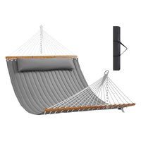Double Quilted Fabric Hammock, 12 FT Double Hammock with Hardwood Spreader Bars, 2 Person Quilted Hammock with Detachable Pillow and Chains for Campin