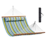 Double Quilted Fabric Hammock, 12 FT Double Hammock with Hardwood Spreader Bars, 2 Person Quilted Hammock with Detachable Pillow and Chains for Campin