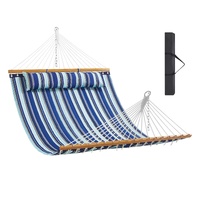 Double Quilted Fabric Hammock, 12 FT Double Hammock with Hardwood Spreader Bars, 2 Person Quilted Hammock with Detachable Pillow and Chains for Campin