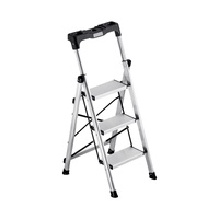 3 Step Ladder, Folding Step Stool with Wide Anti-Slip Pedal and Comfort Handgrip, 150 kg Capacity Portable Aluminum Stepladder, Multi-Use for Kitchen,