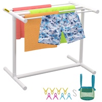 Pool Towel Rack, 5 Bar, White, Freestanding Outdoor PVC T-Shape Poolside Storage Organizer, Include 8 Towel Clips, Mesh Bag, Hook, Also Stores Floats 