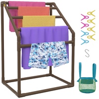 Pool Towel Rack, 5 Bar, Brown, Freestanding Outdoor PVC Trapedozal Poolside Storage Organizer, Include 8 Towel Clips, Mesh Bag, Hook, Also Stores Floa