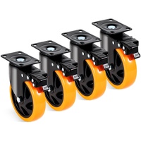 Caster Wheels, 127 mm Swivel Plate Casters, Set of 4, with Security A/B Locking No Noise PVC Wheels, Heavy Duty 204 kg Load Capacity Per Caster, Non-M