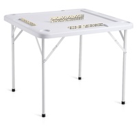 Mahjong Table, Square 4 Player Folding Card Table with 4 Cup Holders & 4 Chip Trays, Portable Domino Game Table with 1 Set of Dominoes for Mahjong Pok