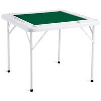 Mahjong Table, 4 Player Folding Domino Table with Wear-Resistant Green Tabletop, Portable Square Card Table with 4 Cup Holders & 4 Chip Trays for Mahj
