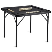 Mahjong Table, Square 4 Player Folding Card Table with 4 Cup Holders & 4 Chip Trays, Portable Domino Game Table with 1 Set of Dominoes for Mahjong Pok