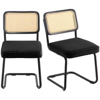 Rattan Chairs, Set of 2, Mid Century Modern Dining Chair, Upholstered Velvet Accent Chair with Rattan Back, Retro Dining Room Kitchen Chair for Living