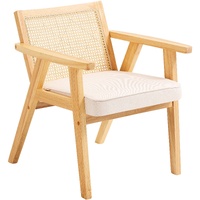 Rattan Chair, Mid Century Modern Dining Chair with Armrest, Upholstered Chair with Rattan Back, Retro Rattan Dining Room Kitchen Chair for Living Room