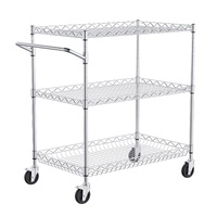 Kitchen Utility Cart, 3 Tiers, Wire Rolling Cart with 300kg Capacity, Steel Service Cart on Wheels, Metal Storage Trolley with 80mm Deep Basket Curved