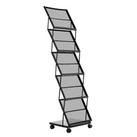 Brochure Display Rack, Foldable 5 Pockets Magazine Literature Display Stand, Movable Floor Standing Magazine Rack with Wheels, Metal Newspaper Catalog