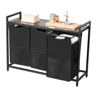 3 Section Laundry Sorter, Large Laundry Hamper with Metal Frame and Wooden Tabletop, Freestanding Storage Organizer Baskets with Pull-Out 600D Oxford 