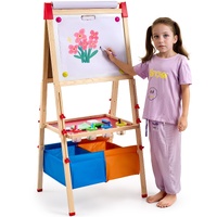 Art Easel for Kids, 3-in-1 Wooden Double-Sided Kid's Art Easel with Magnetic Whiteboard, Chalkboard, Paper Roll, Adjustable Standing Drawing Board wit