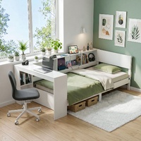 Artiss White Single Solid Wood Corner Platform Bed Frame with Built-in Desk, Storage Shelves and USB-C Charging Station for Small Spaces, Wooden Bed B