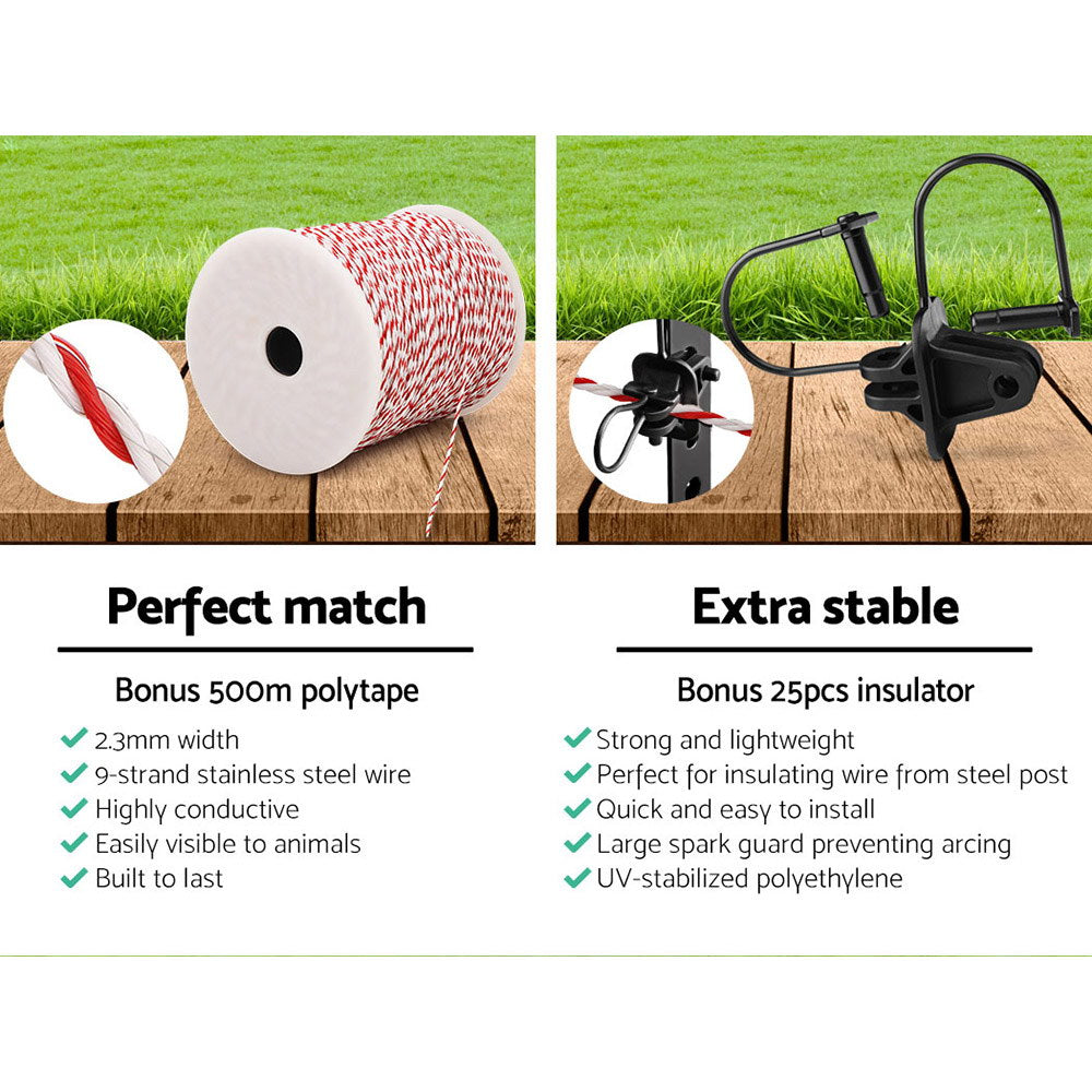 Giantz Fence Energiser 5KM Solar Powered Electric 500M Poly Wire Insulator
