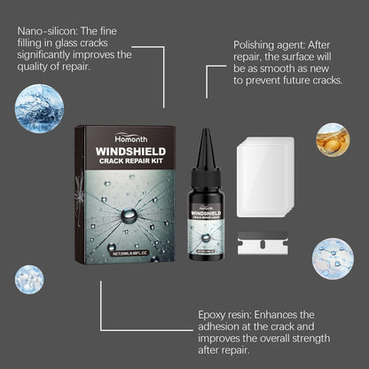 Homonth windshield crack repair kit, car front windshield nano repair liquid set, quickly repairs cracks, clear vision, safe travel