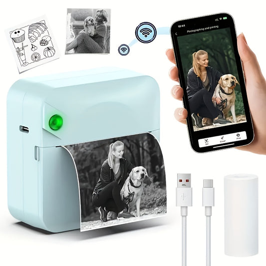 (Blueï¼‰Inkless Sticker Printer Mini Thermal Printer with Roll Thermal Paper, Wireless Pocket Printer, Smart Portable Receipt Printer for Photos, Diaries, Notes, and Preparation Work.