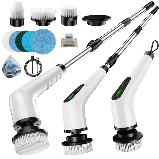 Wireless Electric Cleaning Brush with 8 Replaceable Heads â€“ Adjustable Extendable Handle for Bathroom, Kitchen, Tiles & Car (White)