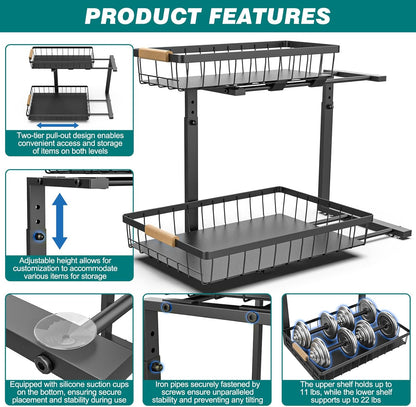 Set 2 pcs - 2-Tier Kitchen Under Sink Organiser Storage with Height Adjustable, Unique Slide Rail & Suction Cups for Storage