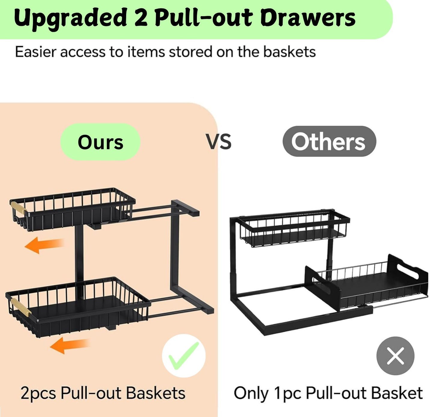 Set 2 pcs - 2-Tier Kitchen Under Sink Organiser Storage with Height Adjustable, Unique Slide Rail & Suction Cups for Storage