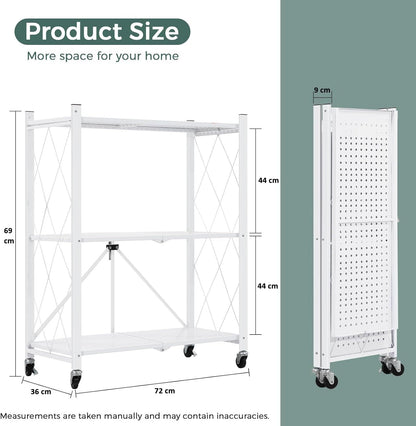 CARLA HOME 3-Tier Foldable Storage Shelf with Wheels for Kitchen, Garage, Pantry or Basement (White)