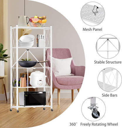 CARLA HOME 5-Tier Foldable Storage Shelf with Wheels for Kitchen, Garage, Pantry or Basement (White)