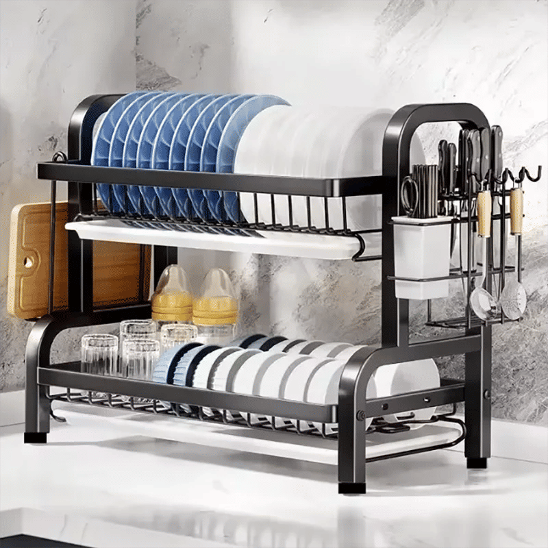 Compact 2-Tier Dish Drying Rack with Drainboard