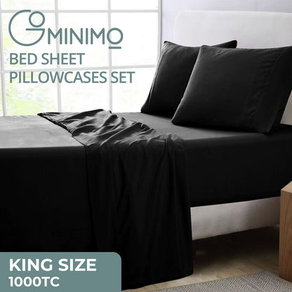 GOMINIMO 4 Pcs Bed Sheet Set 1000 Thread Count Ultra Soft Microfiber - King (Black)