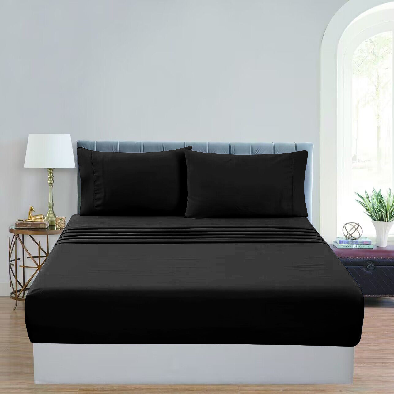 GOMINIMO 4 Pcs Bed Sheet Set 1000 Thread Count Ultra Soft Microfiber - King (Black)