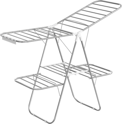 SONGMICS Foldable 2-Level Large Clothes Drying Rack with Adjustable Wings 33 Drying Rails and Clips Silver and White
