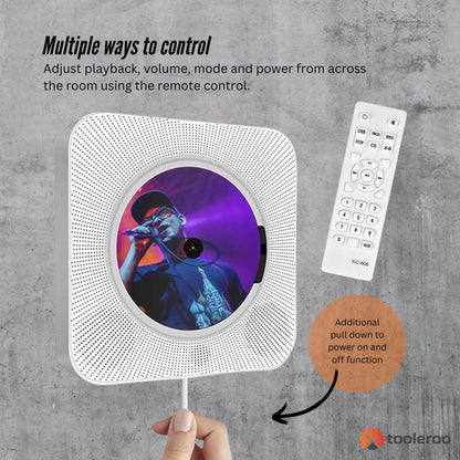 Tooleroo Wall Mountable CD Player Speaker - Bluetooth HiFi FM Radio White