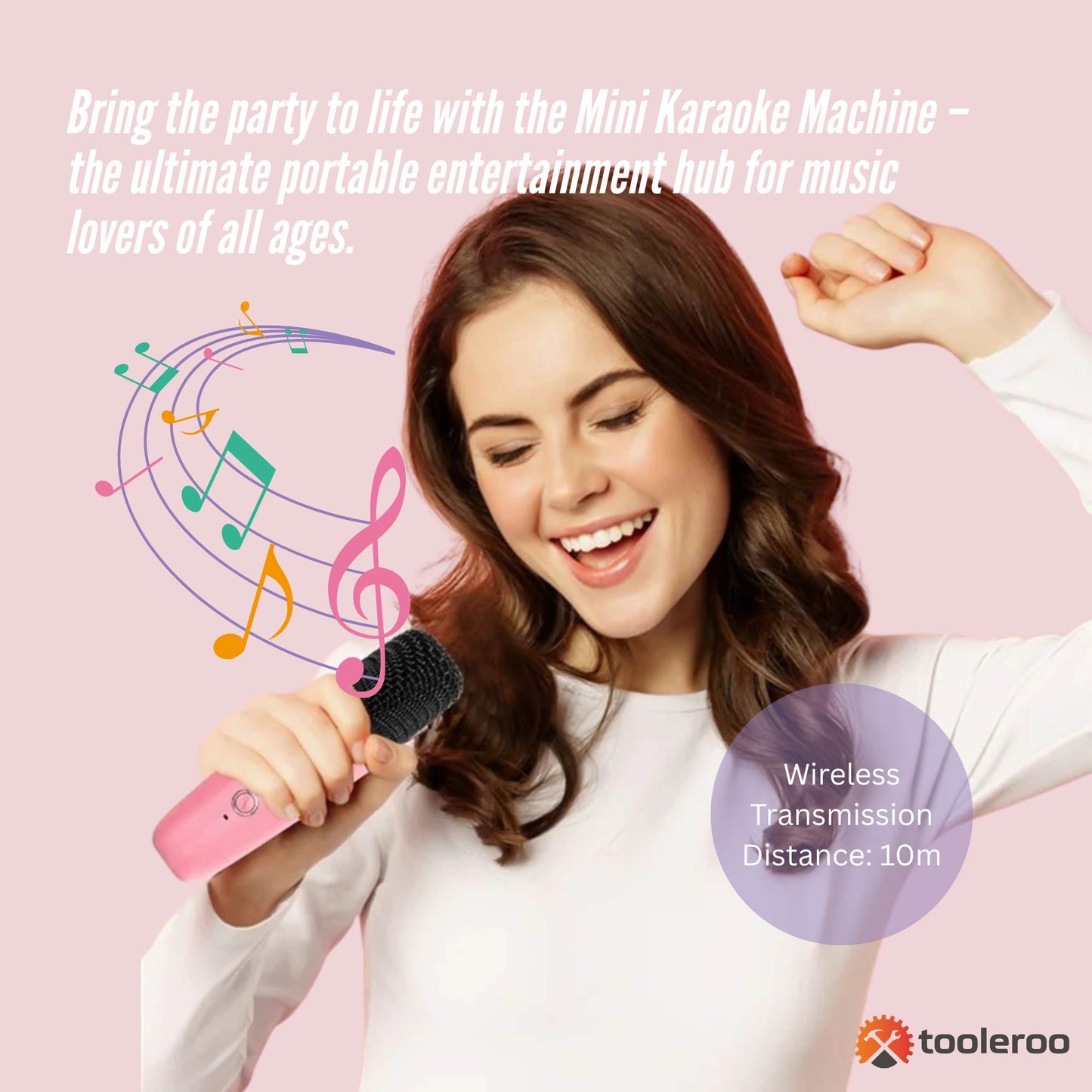 Mini Karaoke Machine and 2x Wireless Microphones Portable Bluetooth Speaker Pink
