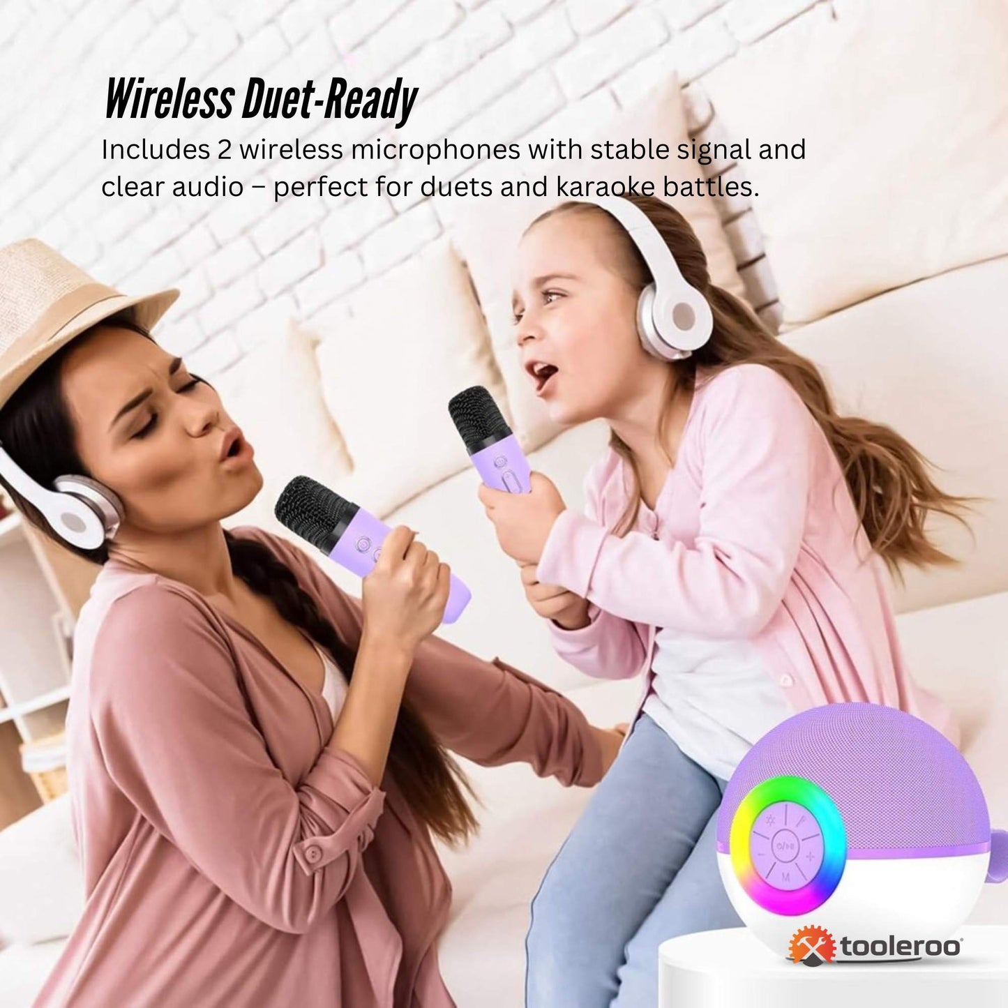 Mini Karaoke Machine - 2x Wireless Microphones Portable Bluetooth Speaker Purple