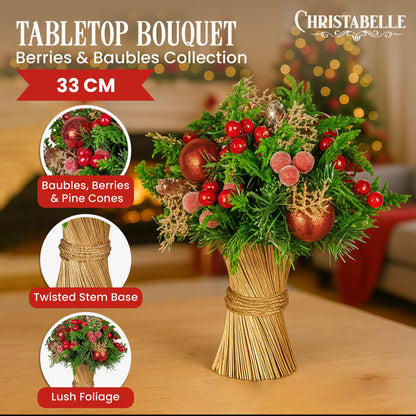 Christabelle 33cm Christmas Bouquet Pre-Decorated Holiday Floral Arrangement with Berries, Baubles & Pine Cones Festive Tabletop Centrepiece Decoration