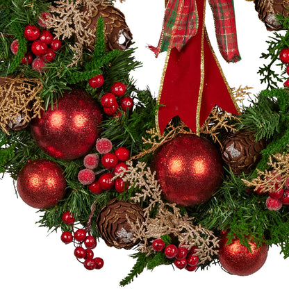 Christabelle 56cm Christmas Wreath Lush Green Holiday Door Wreath with Red Berries, Baubles & Pine Cones Pre-Decorated Festive Wall or Front Door Decoration
