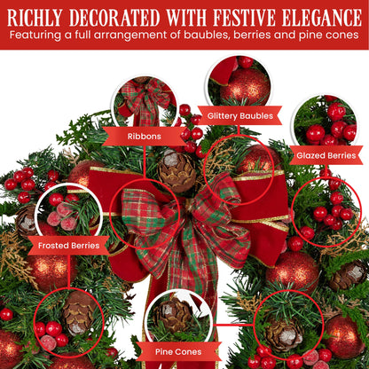 Christabelle 71cm Christmas Wreath Lush Green Holiday Door Wreath with Red Berries, Baubles & Pine Cones Pre-Decorated Festive Wall or Front Door Decoration
