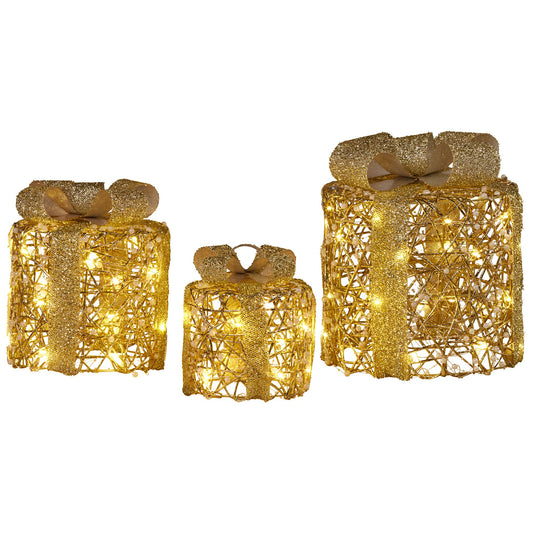 Christabelle Set of 3 Battery Operated Golden Cylindrical Christmas Gift Boxes w/Warm LED Lights Indoor Holiday Present