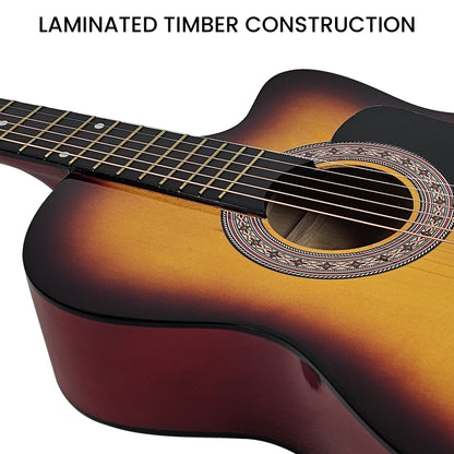 Karrera 38in Acoustic Guitar Steel Strings Carry Bag Shoulder Strap Sun Burst