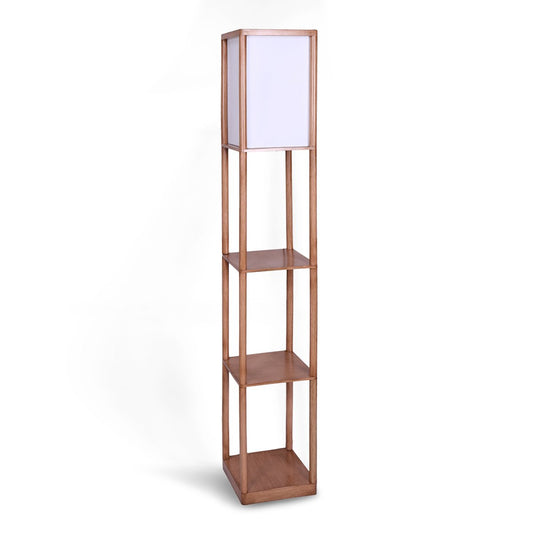 Sarantino Etagere Floor Lamp Ghost-White Fabric Shade in Wood Finish