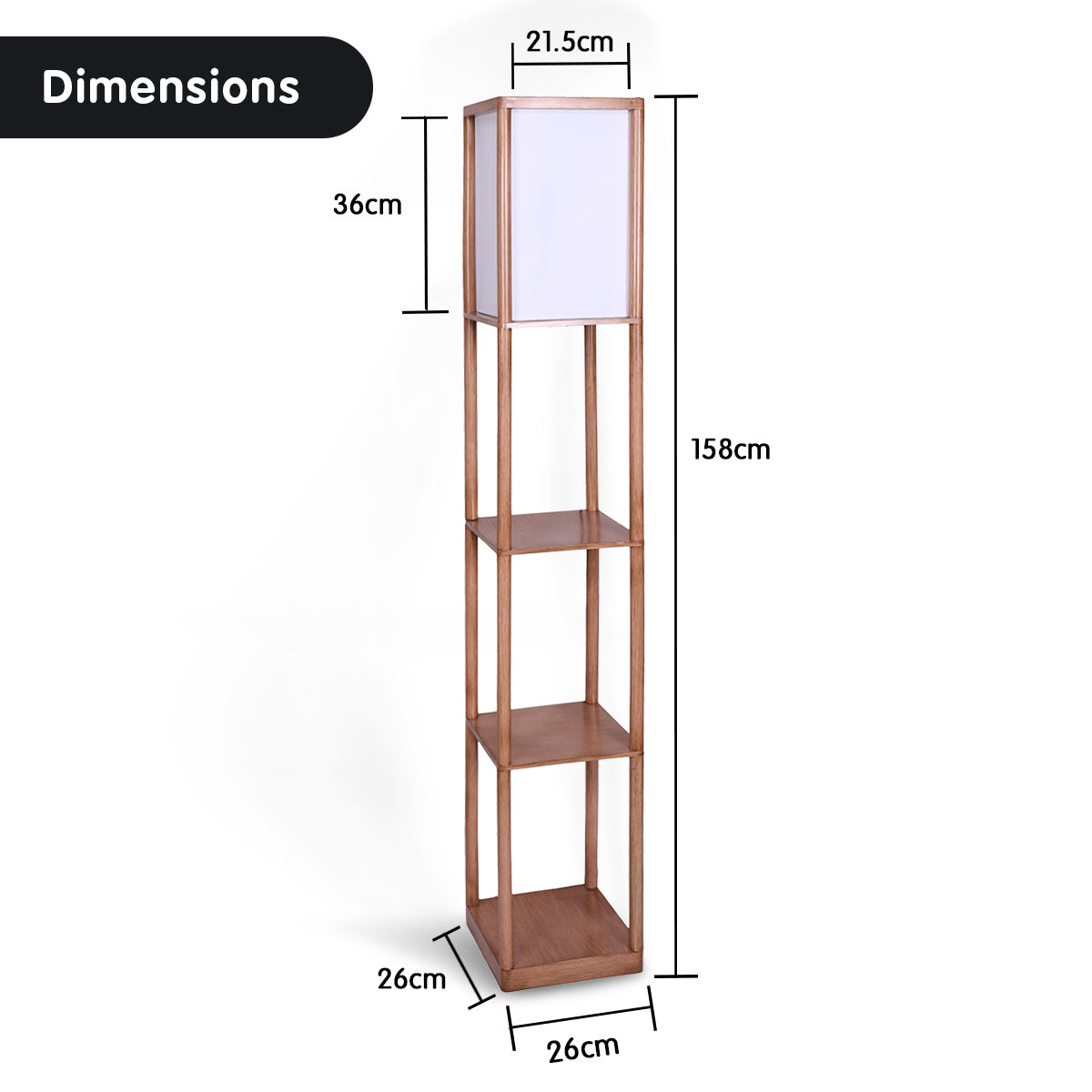 Sarantino Etagere Floor Lamp Ghost-White Fabric Shade in Wood Finish