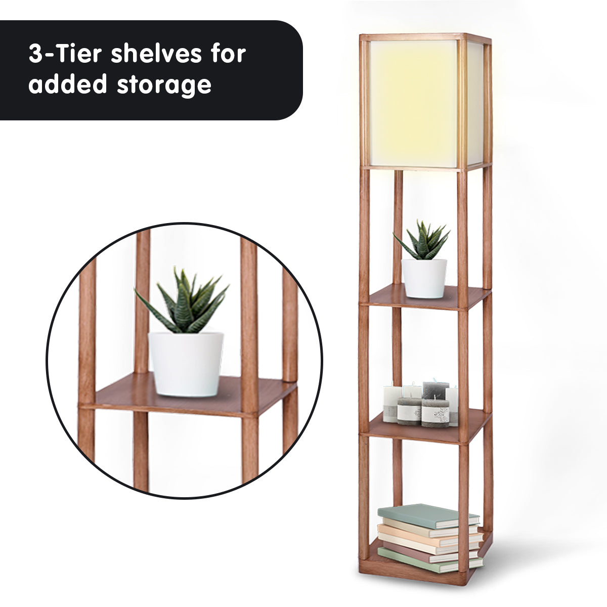 Sarantino Etagere Floor Lamp Ghost-White Fabric Shade in Wood Finish
