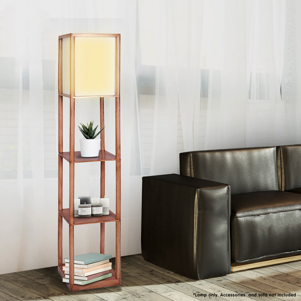 Sarantino Etagere Floor Lamp Ghost-White Fabric Shade in Wood Finish