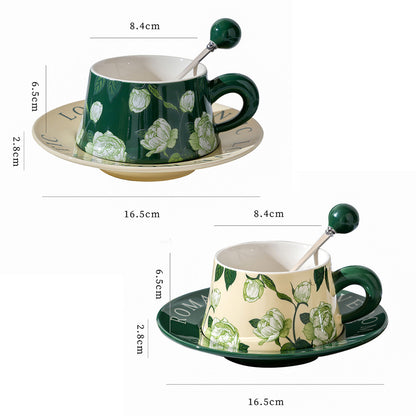 2X High-Fired Ceramic Porcelain Cup & Saucer Set 300ml Vintage Floral Tea Spoon GREEN