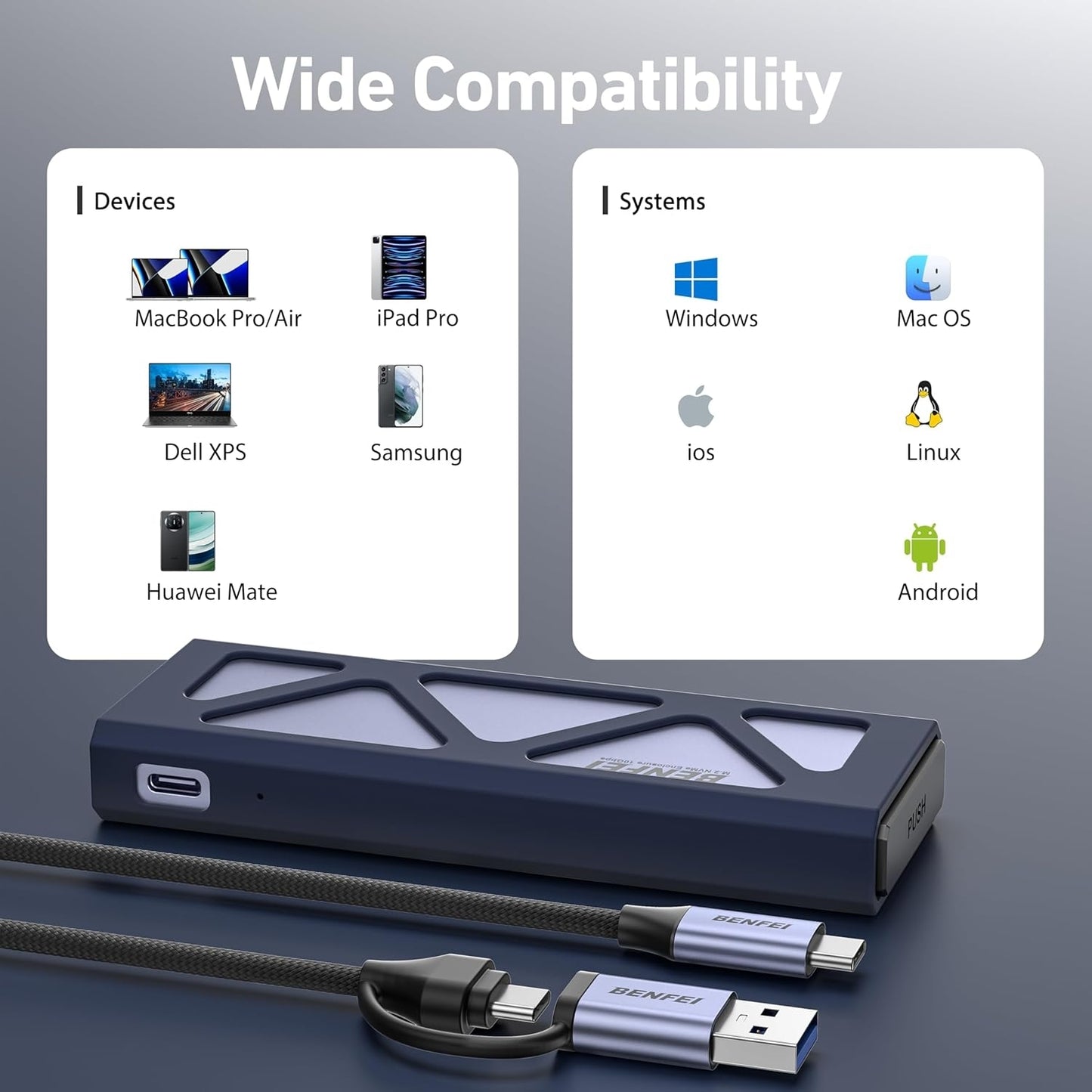 BENFEI M.2 SSD Enclosure USB3.2 Gen2 10 Gbps, Tool-Free for NVME B & M Keys with Size 2230/2242/2260/2280 SSDs