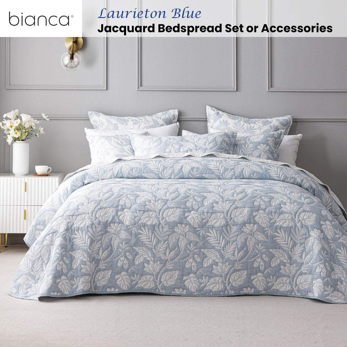 Bianca Laurieton Blue Jacquard Botanical Bedspread Set King Single