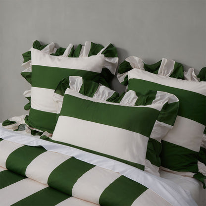 Vintage Design Homewares Candy Ruffle Green Striped Washed Cotton Quilt Cover Set Super King