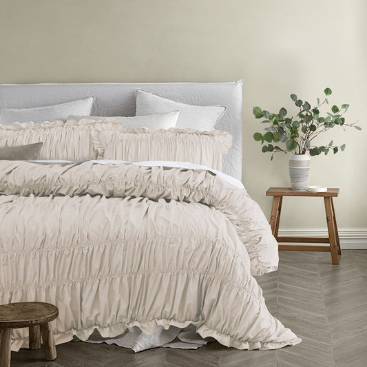 Vintage Design Homewares Haven Natural Washed Cotton Ruched Quilt Cover Set Single