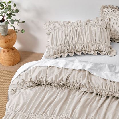 Vintage Design Homewares Haven Natural Washed Cotton Ruched Quilt Cover Set Single