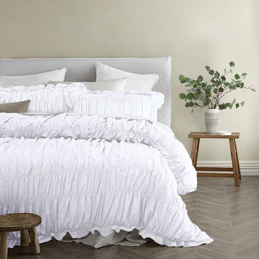 Vintage Design Homewares Haven White Washed Cotton Ruched Quilt Cover Set Single