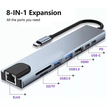 8in1 Hub USB-C To Type-C USB 3.0 4K HDMI RJ45 Ethernet SD TF OTG PD Port Adapter