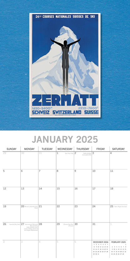 Vintage Skiing Posters 2025 Square Wall Calendar Arts 16 Months Premium Planner